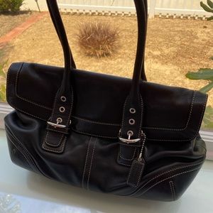 Coach Black Buckle Leather Handbag w/ Beige Trim